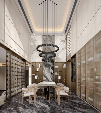 现代挑空别墅餐厅3D模型下载